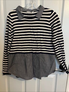 DownEast Black & White Striped Layered-Look Long Sleeve Top with Gray Hem